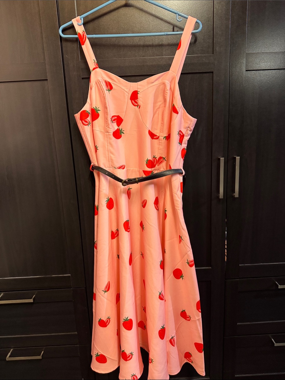 Pink Strawberry-Print Midi Dress with Adjustable Straps